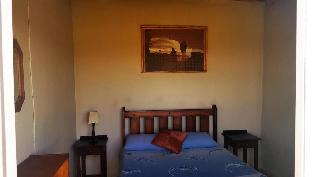 Cozy cabin room with bamboo ceiling and dolphin bedding